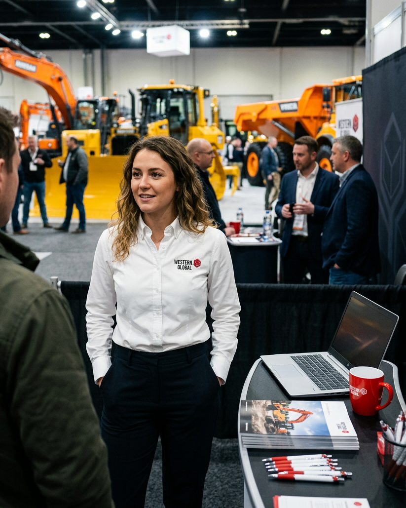 Woman in a white shirt with a logo standing at a trade show booth with machinery in the background.