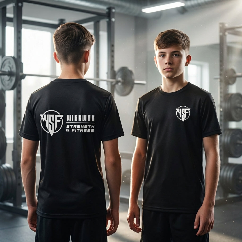 Person wearing a black t-shirt with a logo in a gym setting