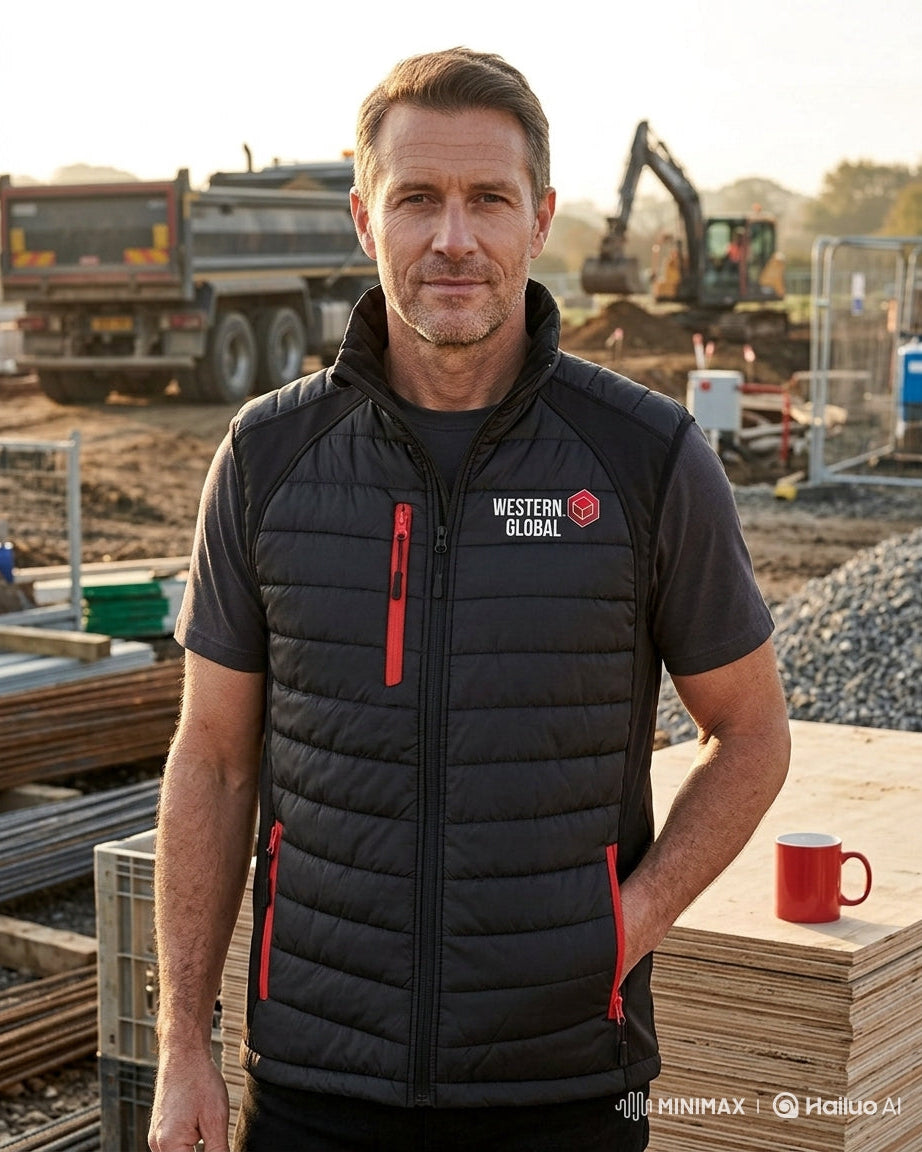 Man wearing a branded vest standing on a construction site with equipment and materials in the background.