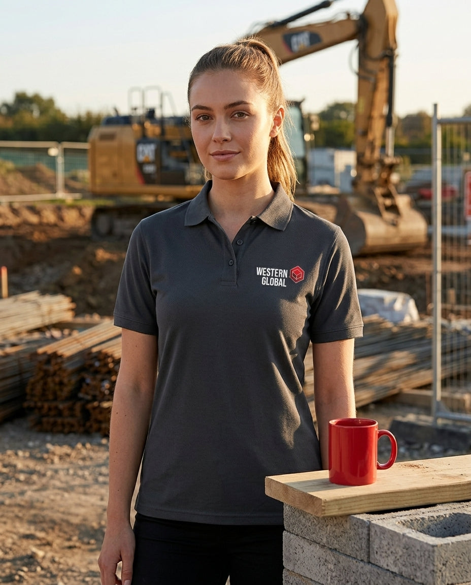 Woman in a branded shirt standing at a construction site with a red mug on a wooden block.